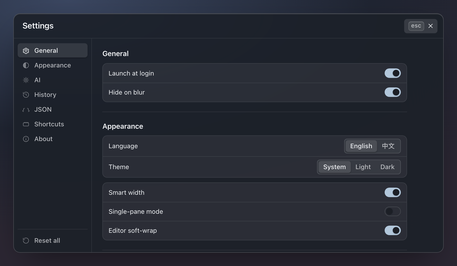 Settings — grouped rows, switches, segmented controls